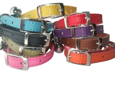 Cat Collar REAL LEATHER  SAFETY ELASTIC Metal Buckle Bell 9 Colours • £1.99