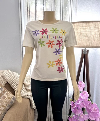 $25 • Buy Vintage Jim Thompson Off White Floral Short Sleeve Top Size L Large
