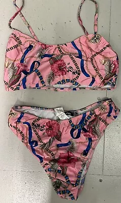 Boohoo - Pink & Blue Chain / Floral Printed Bikini Set - Size 14 • £3.99