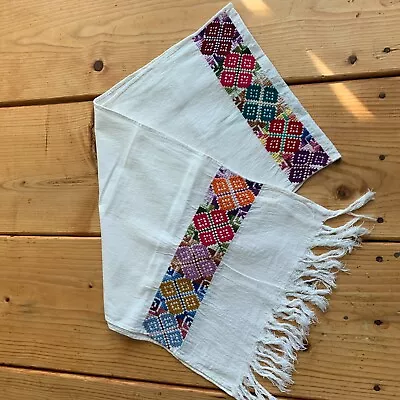 Maya Mexican Chiapas White Rectangle Embroidered Tablecloth Long Scarf 12x56inch • $15