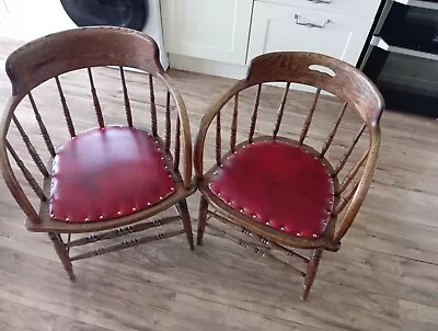 Two Antique 19th Century Bentwood Oak Captains Chairs Red Leather Seats • £250