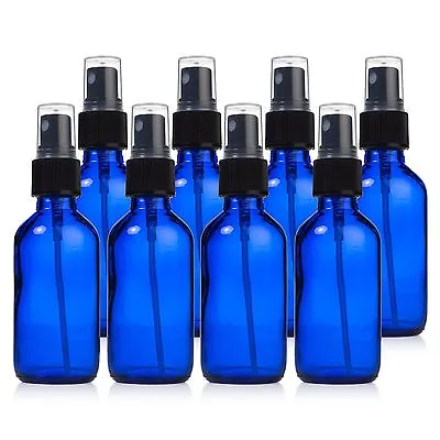 Glass Spray Bottles - 8 Piece 2oz Cobalt Blue Small Glass Bottles Black Sprayer • $10.95