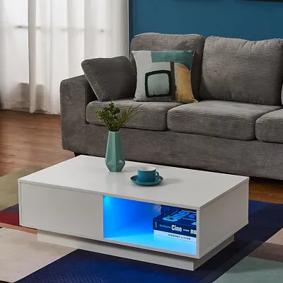 Modern Coffee Table With Storage Drawer Shelf Tea Table LED Light Livingroom • £55.99