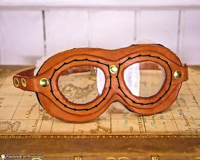 TAN GOGGLES Steampunk Aviator Pilot Biker Genuine Leather Handmade Glasses • $15