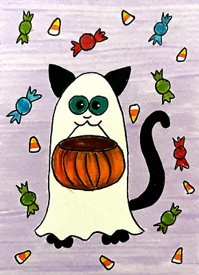 $5.99 • Buy ACEO Original Art Painting Black Kitty Cat Kitten In Halloween Costume - Saulite