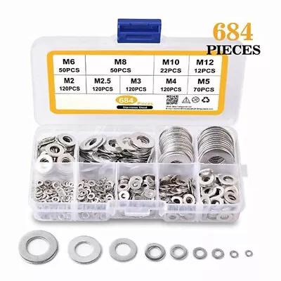 684pcs Stainless Steel Assorted Flat Washers Spring Washers For Metric Bolts UK • £8.53