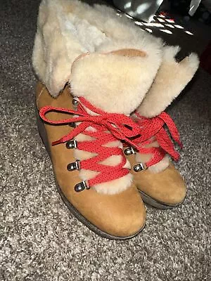 J. Crew Boots Nordic Wedge Heel Sherpa Fleece Brown Nubuck Leather Hiker Size 8 • $32.50