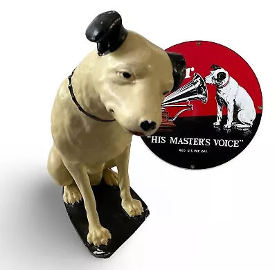 🌟RARE! NIPPER RCA VICTOR DOG PLASTER SCULPTURE/STATUE & Nipper Dog Enamel Sign! • $299