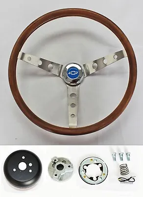 Chevelle Camaro El Camino Nova 15  Real Wood Grip Steering Wheel Blue Bowtie • $208.76