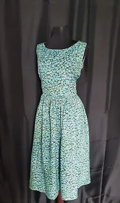 Vintage 50s Tea Garden Party Dress Pleated Skirt Circular Print Sz L • $22.50