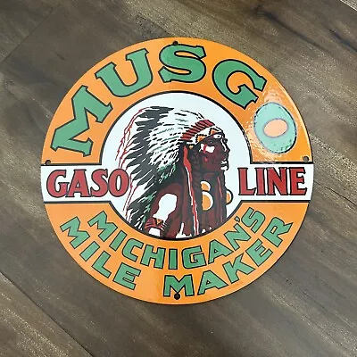 VINTAGE MUSGO Michigans Mile Maker INDIAN  12” PORCELAIN METAL GAS OIL AD SIGN! • $123.19