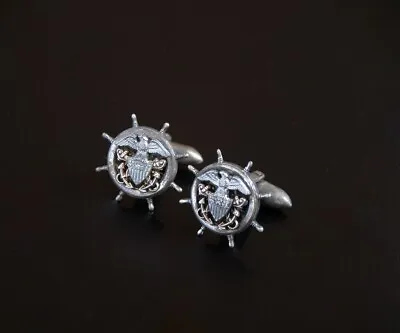 Rare Vtg Cufflinks Shield Military Insignia Nautical Wheel Sterling • $125