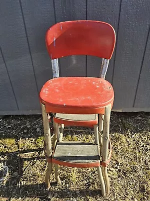 MCM Vintage Red Cosco Kitchen Step Stool Chair Pull Out Steps  Mid Century Retro • $89.95
