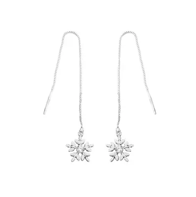 $12.95 • Buy Solid Sterling Silver Snowflake Threader Dangle Drop Earrings 4  Long Chain PE51