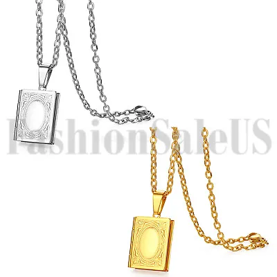 Mens Womens Retro Stainless Steel Book Locket Photo Pendant Lovers Necklace Gift • $8.99