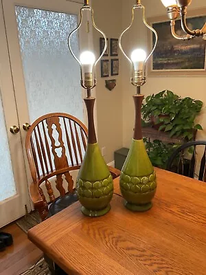 Mid Century Pair Green Specked Ceramic Tall Lamps With Wooden Stems • $399