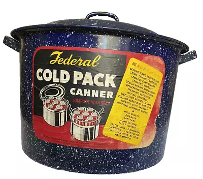 Federal Cold Pack Enamel Canner With Rack Blue Speckled Large Vintage • $22.99