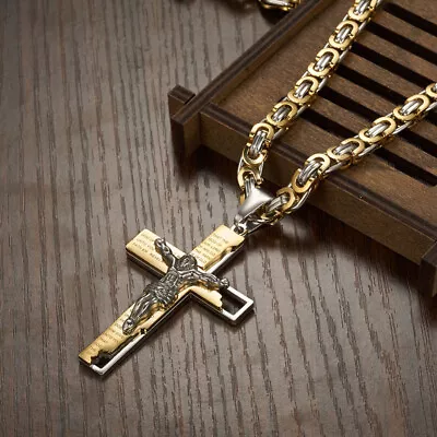 Hot MEN Byzantine Chain Stainless Steel Black Gold Silver Cross Pendant Necklace • $14.24