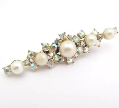 Vintage Estate Pearl Rhinestone Victorian Bar Brooch Pin 2-1/2” Gold Tone • $14