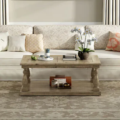 $294.57 • Buy U_STYLE Rustic Floor Shelf Coffee Table With Storage,Solid Pine Wood GDT