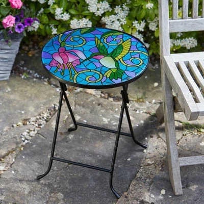 £27.19 • Buy Hummingbird Glass Side Table Round Hand Painted Mosaic Foldable Home Garden