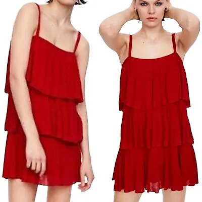 Zara Red Ruffle Dress Women's Medium Strappy Flapper Sundress Spaghetti Strap • £23.15