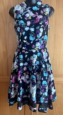 Beautiful Bright Floral Design SWALLOWS Sleeveless Dress Mesh Insert SIZE 12 • £9.99