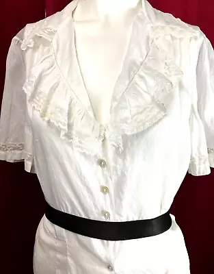 M L Vintage 30s Ruffle Lace Collar Secretary Blouse White Cotton • $59.99