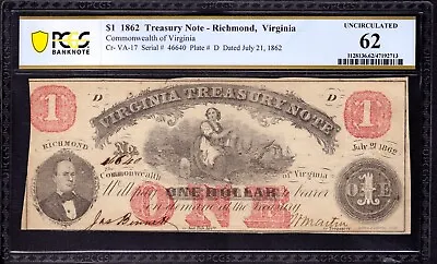 1862 $1 Virginia Treasury Note Cr-17 Obsolete Civil War Currency Pcgs B Unc 62 • $99.99