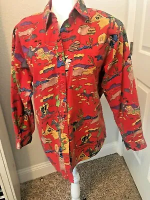 Vtg 1950s Print S RANCH & TOWN Red Cowboy Horse BUTTON SHIRT Blouse Top Retro 1 • $28.18