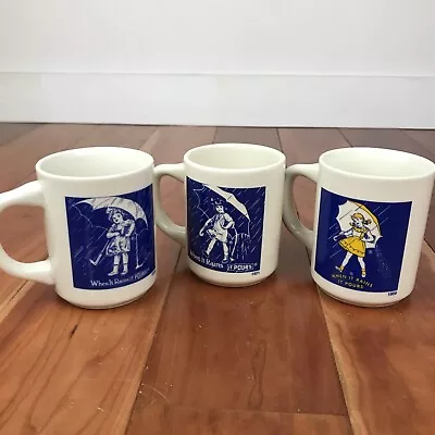 Morton Salt Cups Coffee Mugs Set Of 3 - 1914 1921 1956 When It Rains It Pours • $16.50