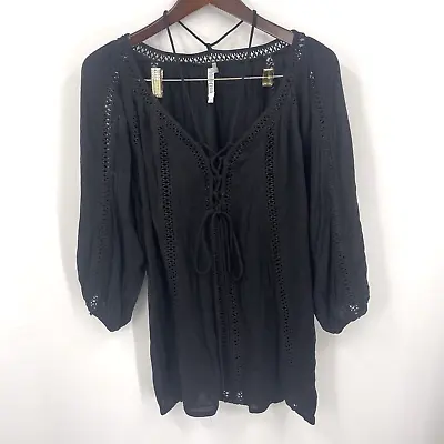 MONORENO Anthropologie Dress Womens M Black Embroidered Boho Tunic Mini Halter • $20.30