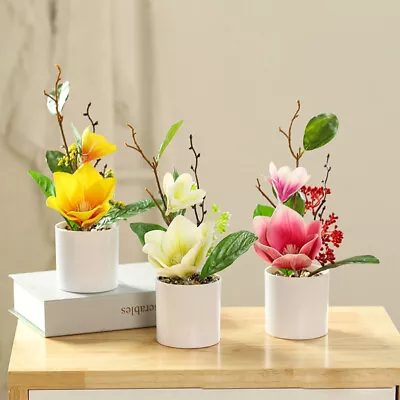 Plastic Magnolia Bonsai Fake Pot Plants Artificial Flower Home Decor Ornament X1 • £9.74