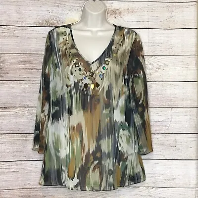 Erin London Womens L/S Bell Embellished Sheer Blouse Top Size Small Multi-Color • $9.99