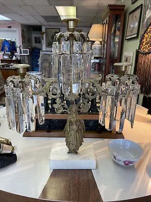 $250 • Buy Vintage Ornate Figural Italian Brass Three Candle Candelabra Colonial Hang Prism