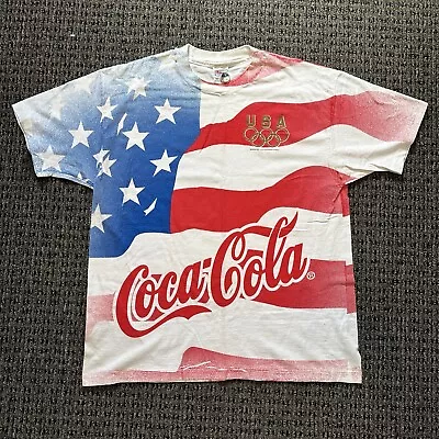Vintage Coca Cola Olympics Flag T-Shirt Size XL America 90s All Over Print Tee • $20.99