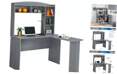  Modern Hutch L-Shaped Computer Desk Grey  • $166.30