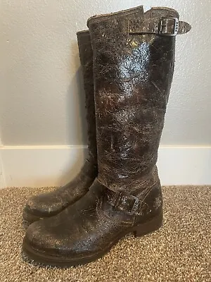 Frye Veronica Moto Engineer Harness Boots Distressed Crackle Leather 8.5 B Tall • $49