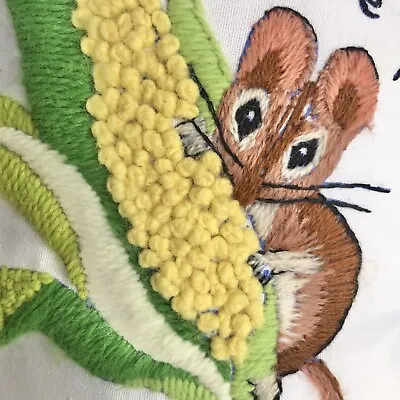 Vintage Embroidered Throw Pillow Mouse On Corn The Best Things In Life Are Free • $12