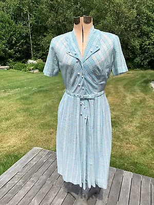 1940s Ann Taylor Belted Dress - Aqua White Black Textured Cotton Blend L@@K! • $60