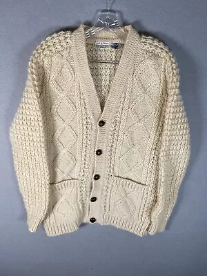 Vtg Irish Wool Shawl Collar Grandpa Cardigan Sweater Size Medium Ivory Nordstom • $65.99