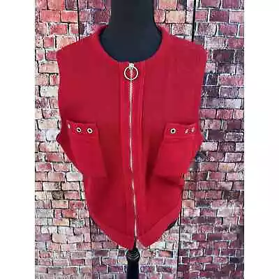 Vintage 60' 70s Sweater Vest Red Sleeveless Knit Full Zip Two Pocket Women Large • $36