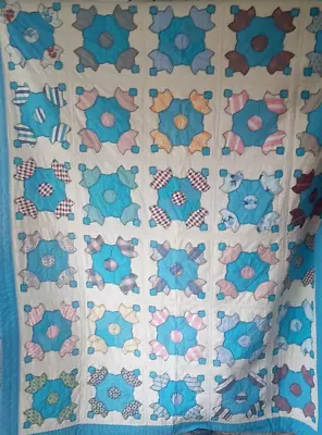 Vintage Hand Stitched Applique Quilt Blue Embroidered Cotton 82  X 67  Imperfect • $69.95