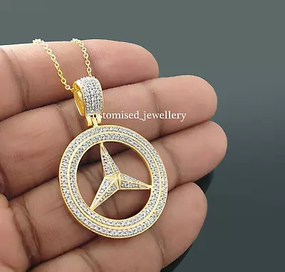 3Ct Round Lab-Created Diamond Men's Mercedes Benz Pendant 14K Yellow Gold Plated • $166.13