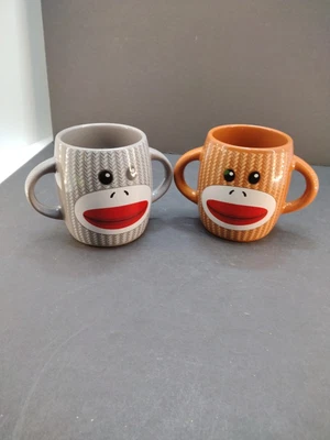 £25.43 • Buy 2-Gallerie Sock Monkey Ceramic, Duo Sided& Double Handle Coffee Cups.