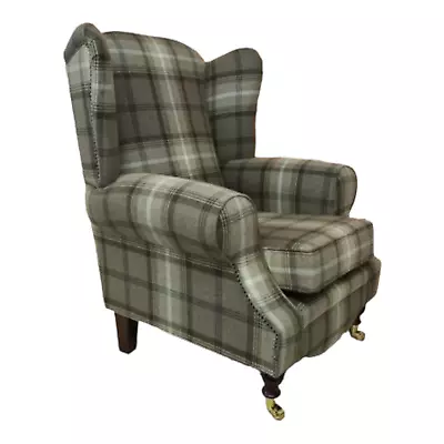 Queen Anne Wing Back Cottage Fireside Chair - Chocolate & Brown Tartan Fabric • £479