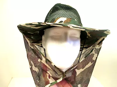 Woodland Camo Military Boonie Jungle Bucket Cap Hat Mosquito Netting Size M • $15.99
