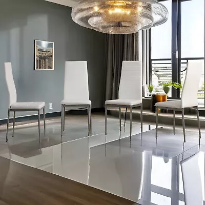 4PCS White PVC Leather Dining Chair Modern Gray Leg High Back Kitchen Chair • $110.99