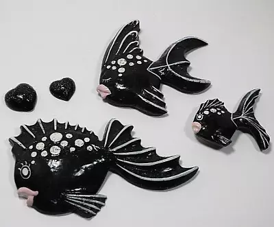 MCM Fish Family Chalkware Wall Plaques Black White Pink With Heart Bubbles Cute! • $32