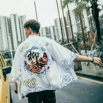 Men Japanese Kimono Yukata Coat Cardigan Tops Jacket Bathrobe Retro Loose • £23.15